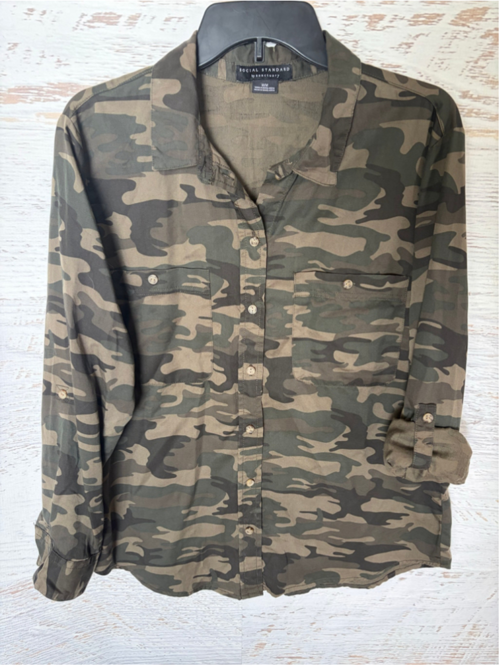 Women's Social Standard by Sanctuary Camo Button Down Shirt Size M Green Brown